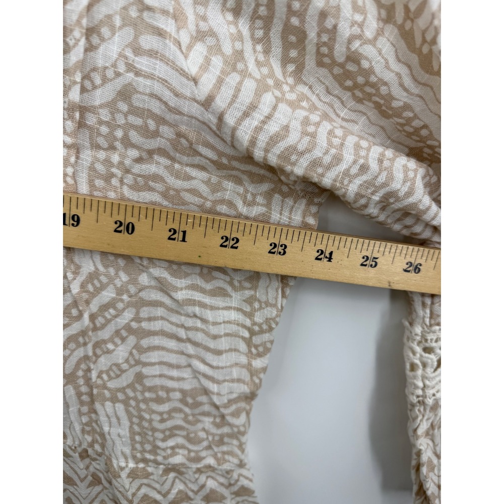 DOTTI Geometric Print Crochet Trim Tunic Dress sz XL Tan White Boho Bell Sleeve - Picture 8 of 9